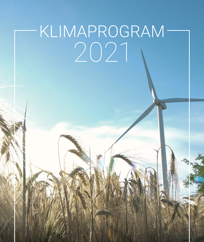 Forside til Klimaprogram 2021, forestillende en vindmølle i baggrunden af en kornmark.
