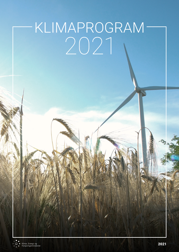 Forside til Klimaprogram 2021, forestillende en vindmølle i baggrunden af en kornmark.