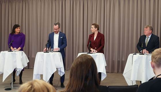 Sophie Løhde, Jakob Ellemann-Jensen, Mette Frederiksen og Lars Løkke Rasmussen holder pressemøde efter regeringsseminar den 3. februar 2023.