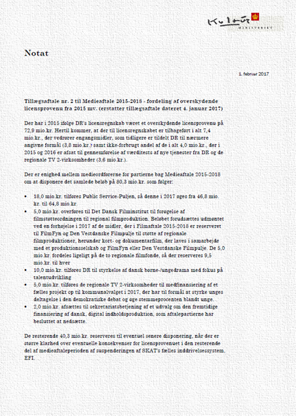 Tillægsaftale til Medieaftale 2015-2018