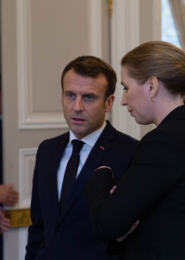 Den franske præsident, Emmanuel Macron, og Statsminister Mette Frederiksen i Élyséepalæet