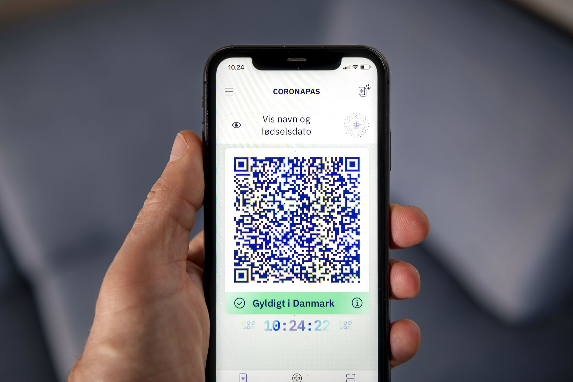 Billede af coronapas på mobiltelefon.